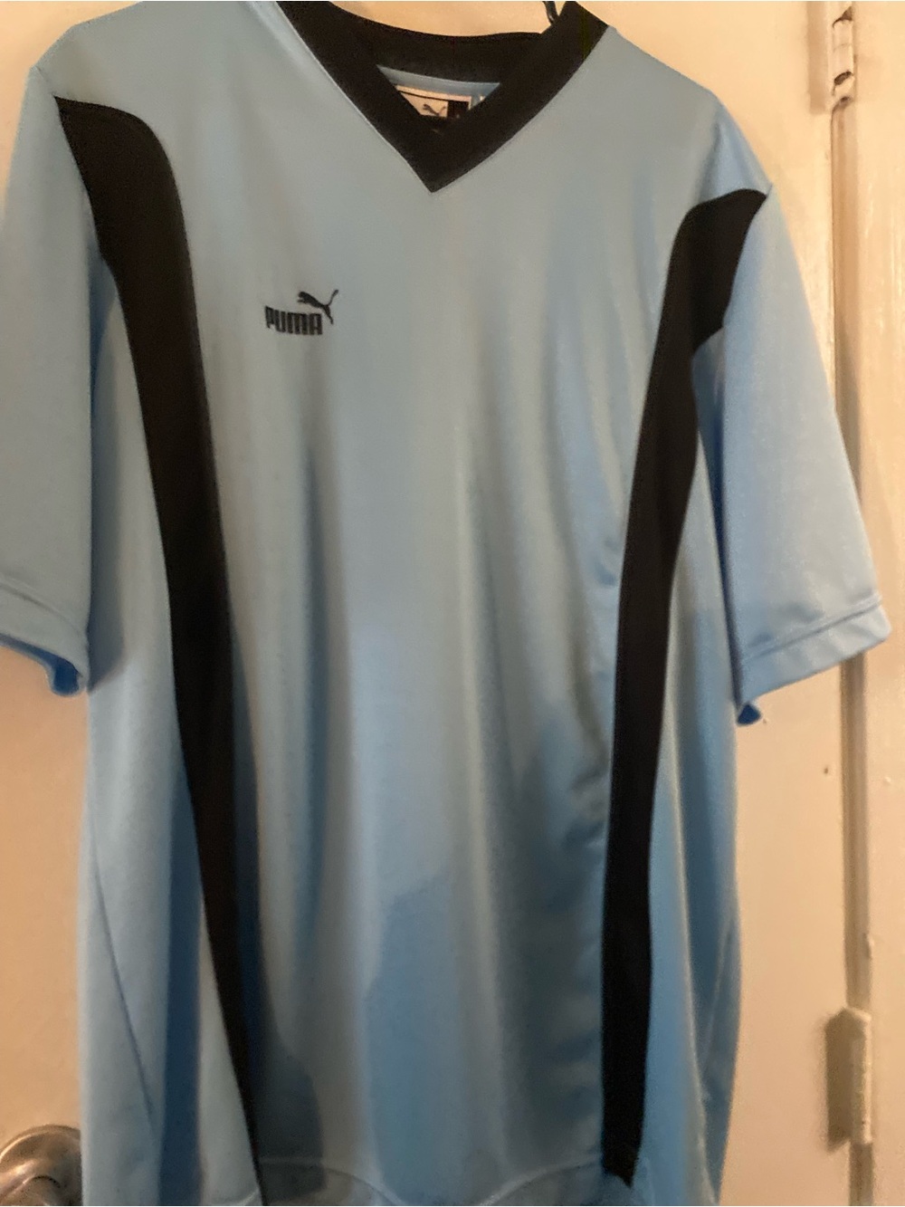 Puma Men's Light Blue and Black V-Neck Athletic Jersey